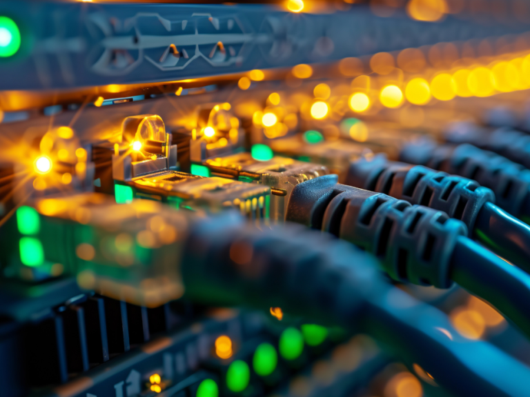 Netzwerkkabel und Lichter an einem Server-Rack, leuchtende Verbindungen sichtbar.