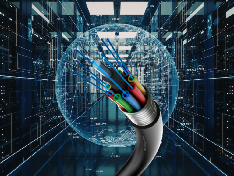 Ein schwarzes Kabel mit bunten Drähten vor einer digitalen Netzwerkinfrastruktur.